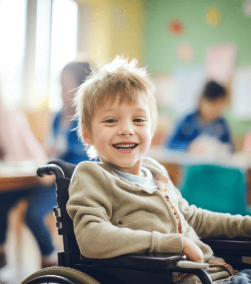 special education student in wheelchair smiling